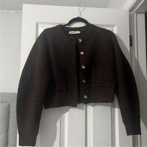 Zara Dark Brown Knit Cardigan with Gold buttons